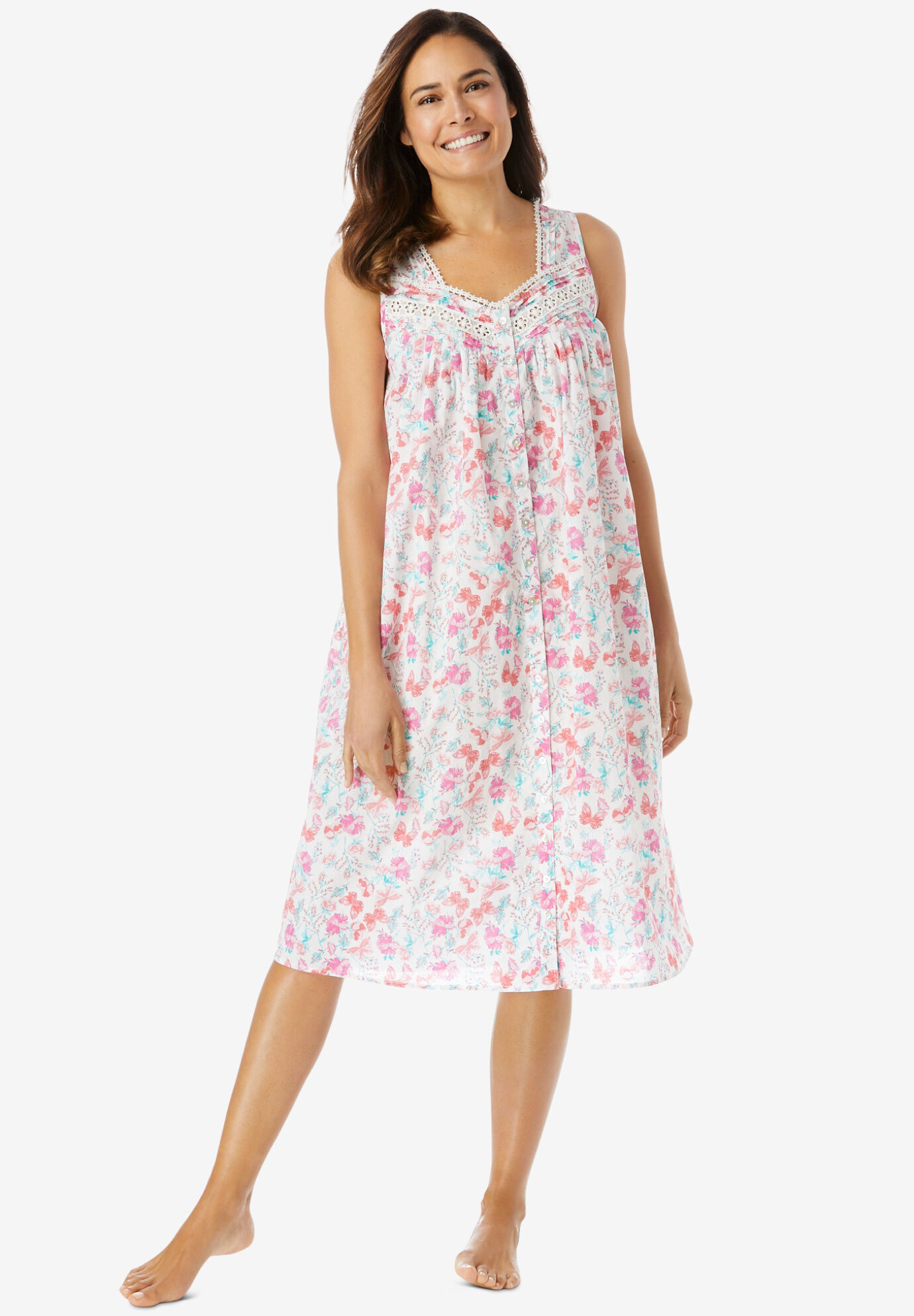 Sleeveless cotton dress with highlighted anchor thread embroidery